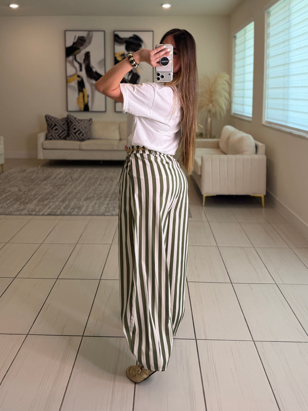 Italian Stripes Green Barrel Pants