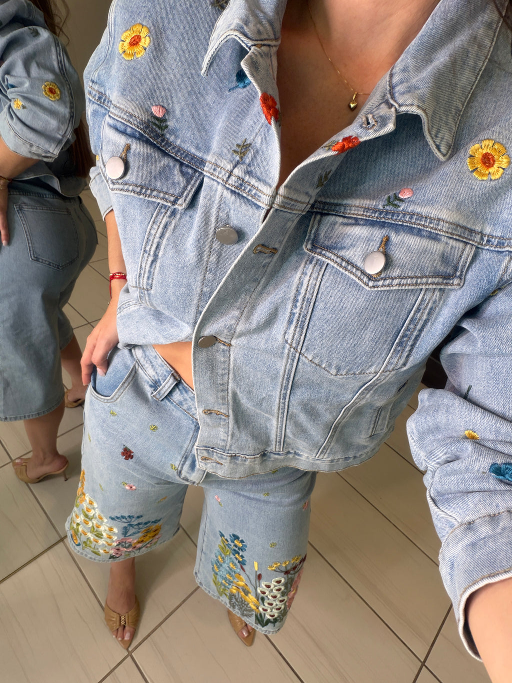 Bloom Embroidered Denim Shorts Set