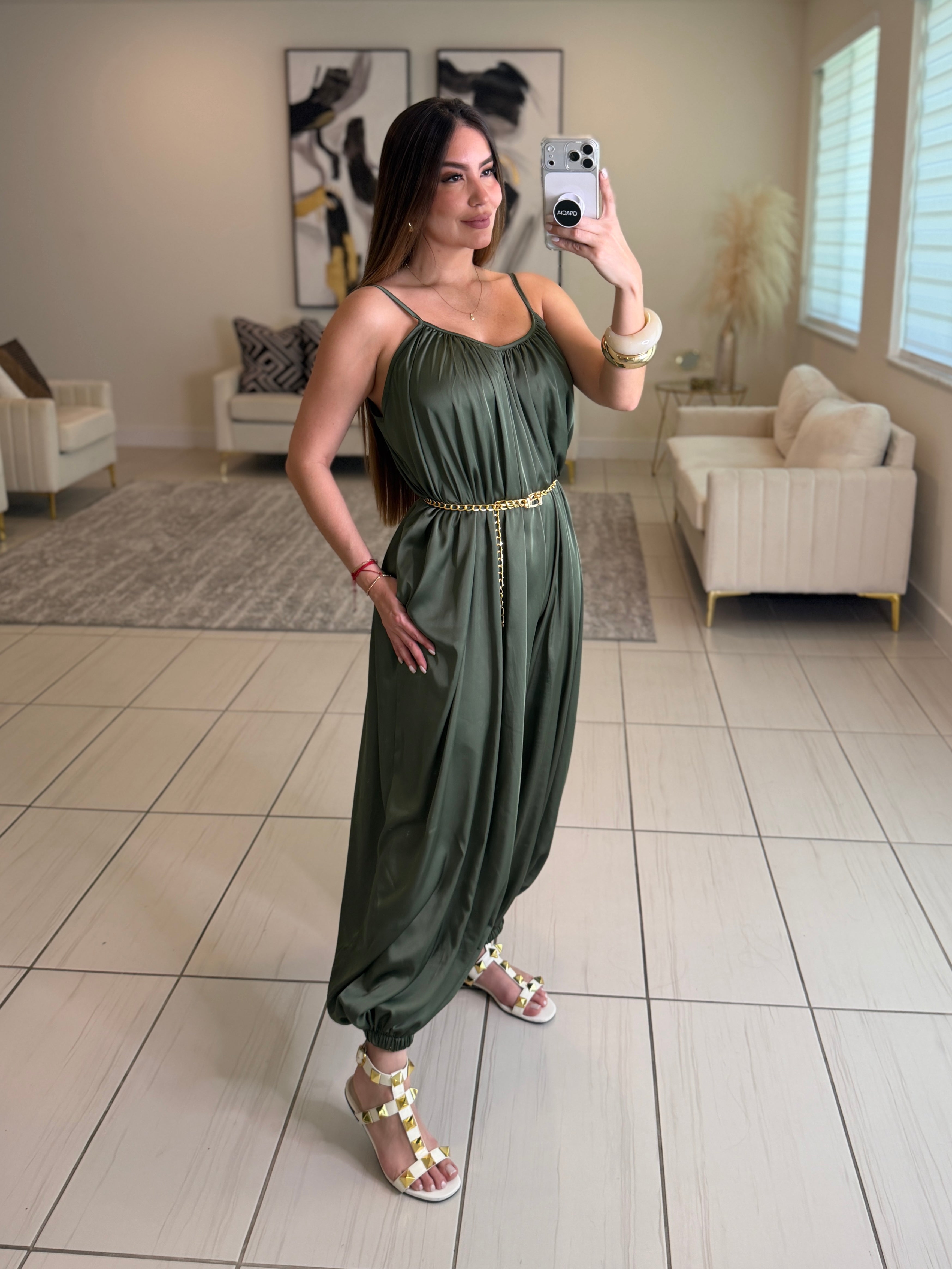 Effortless Essence Ruched Green Jumpsuit