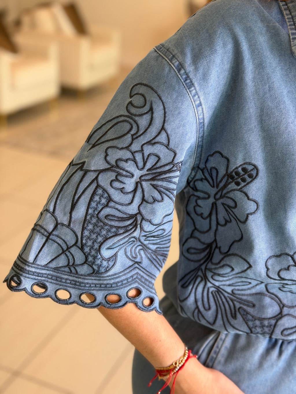 Paradise Embroidered Denim Pant Set