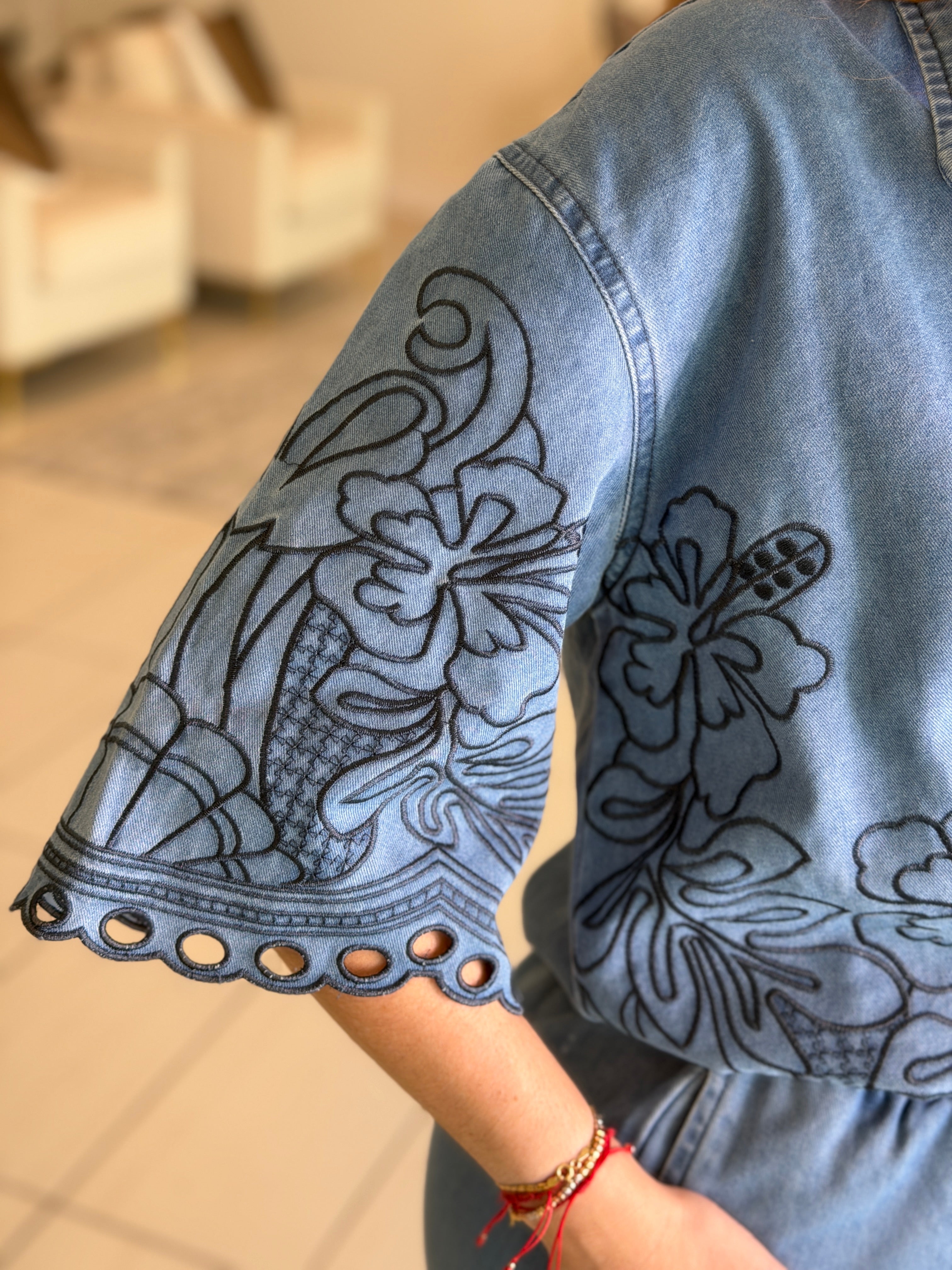 Paradise Embroidered Denim Pant Set