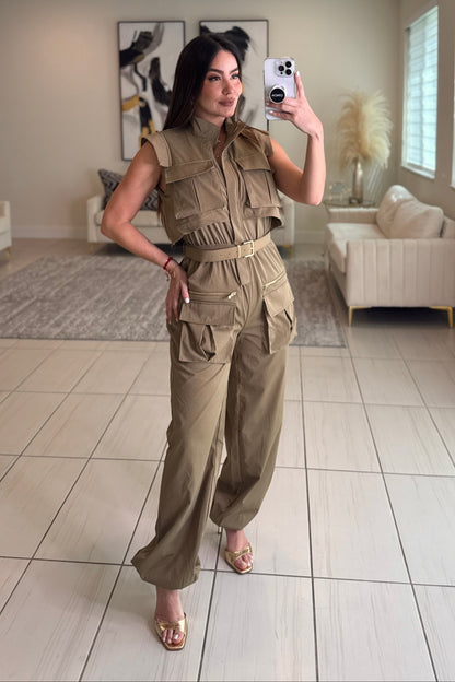 Forgive The Night Ruched Taupe Jumpsuit