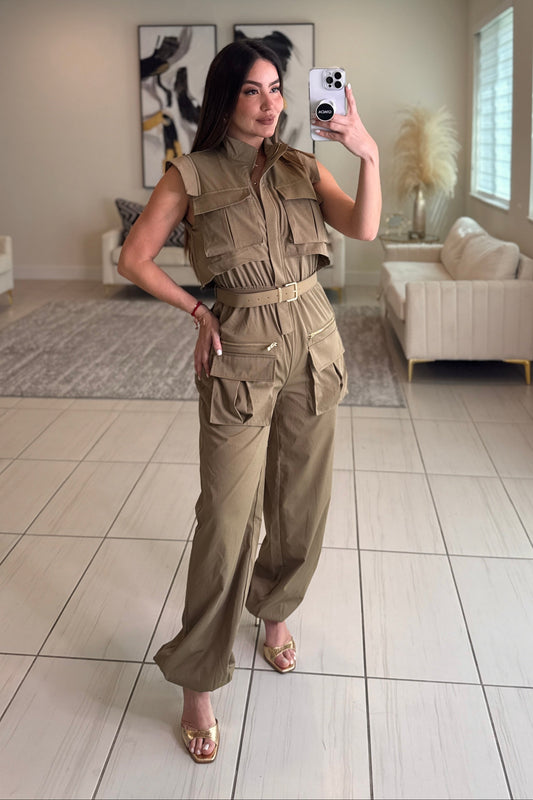 Forgive The Night Ruched Taupe Jumpsuit
