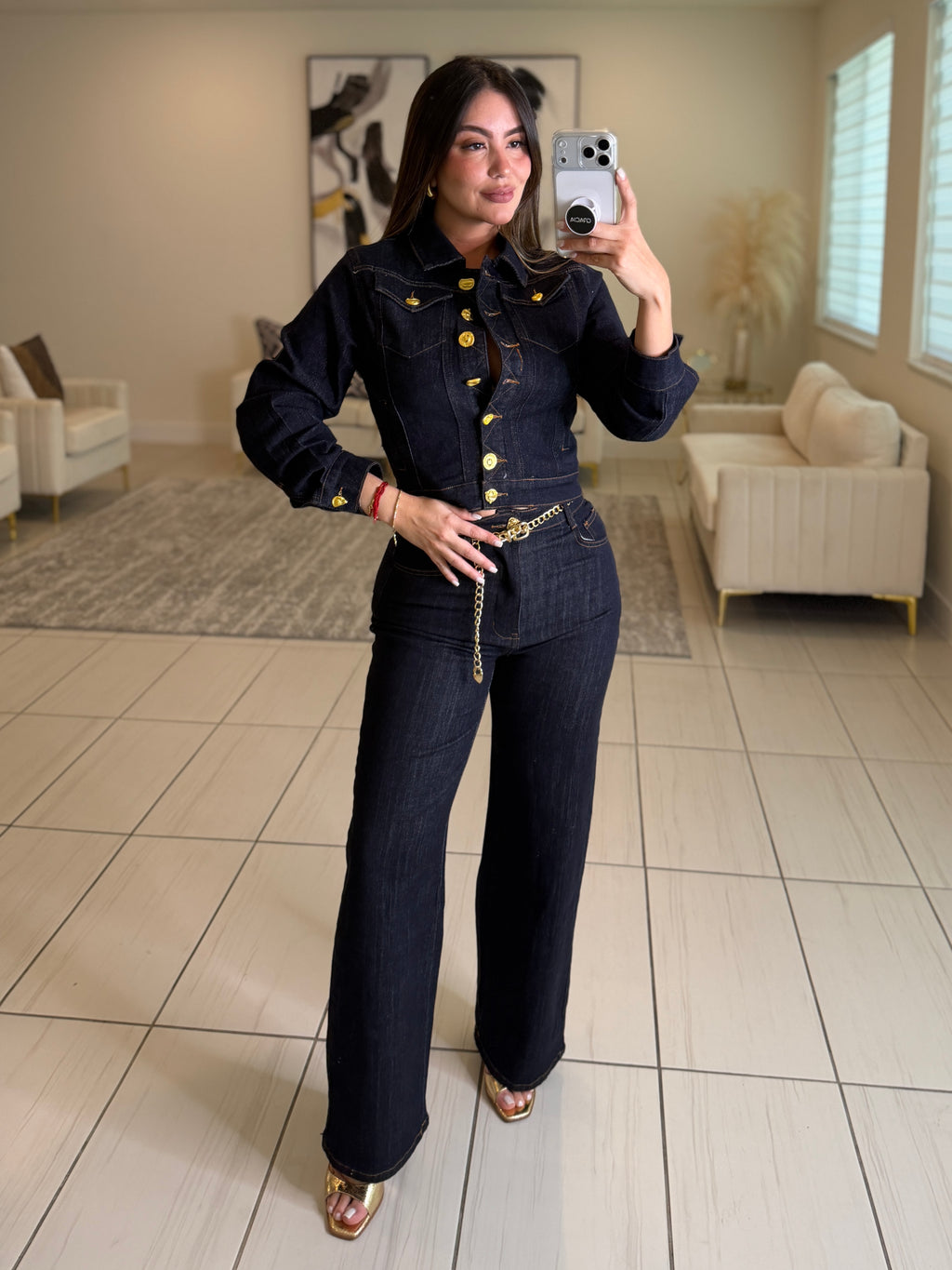 Luxe Gold Button Denim Pant Set