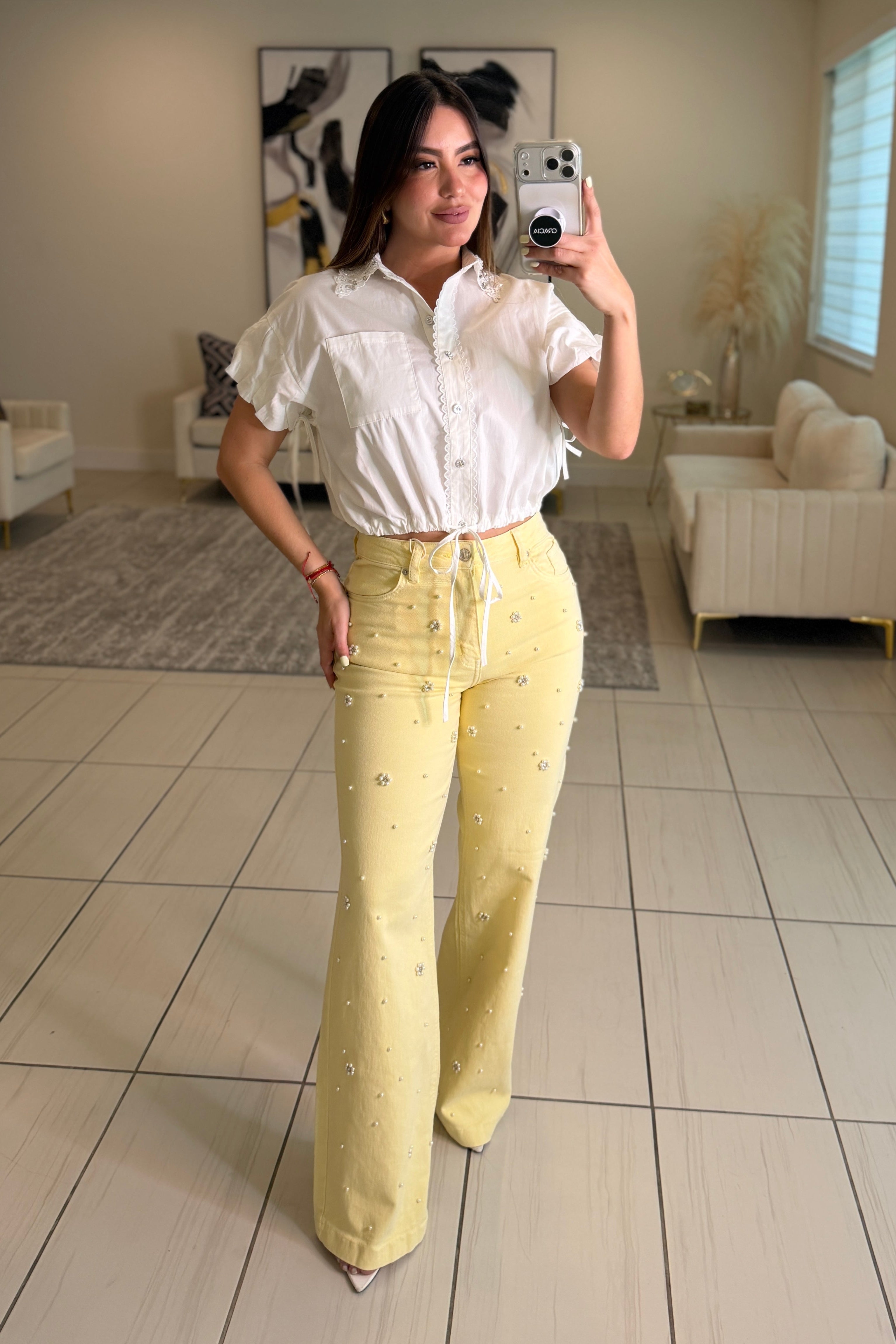 Sunlit Pearls Yellow Denim Pants