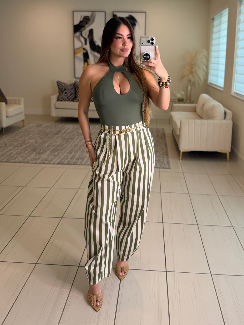 Italian Stripes Green Barrel Pants