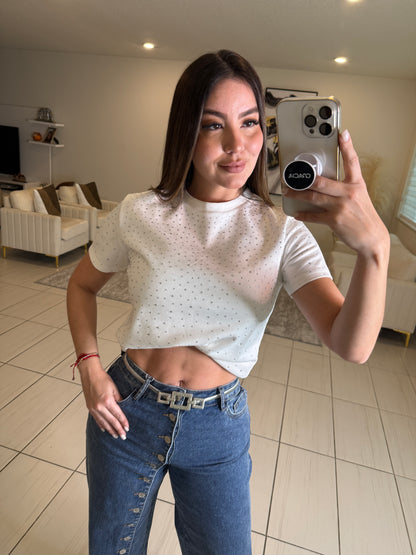 Rhinestones in Velvet White Top