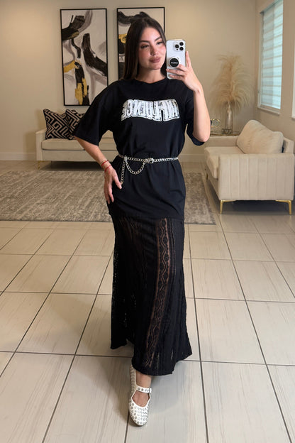 Influence Lace Contrast Black Maxi Dress