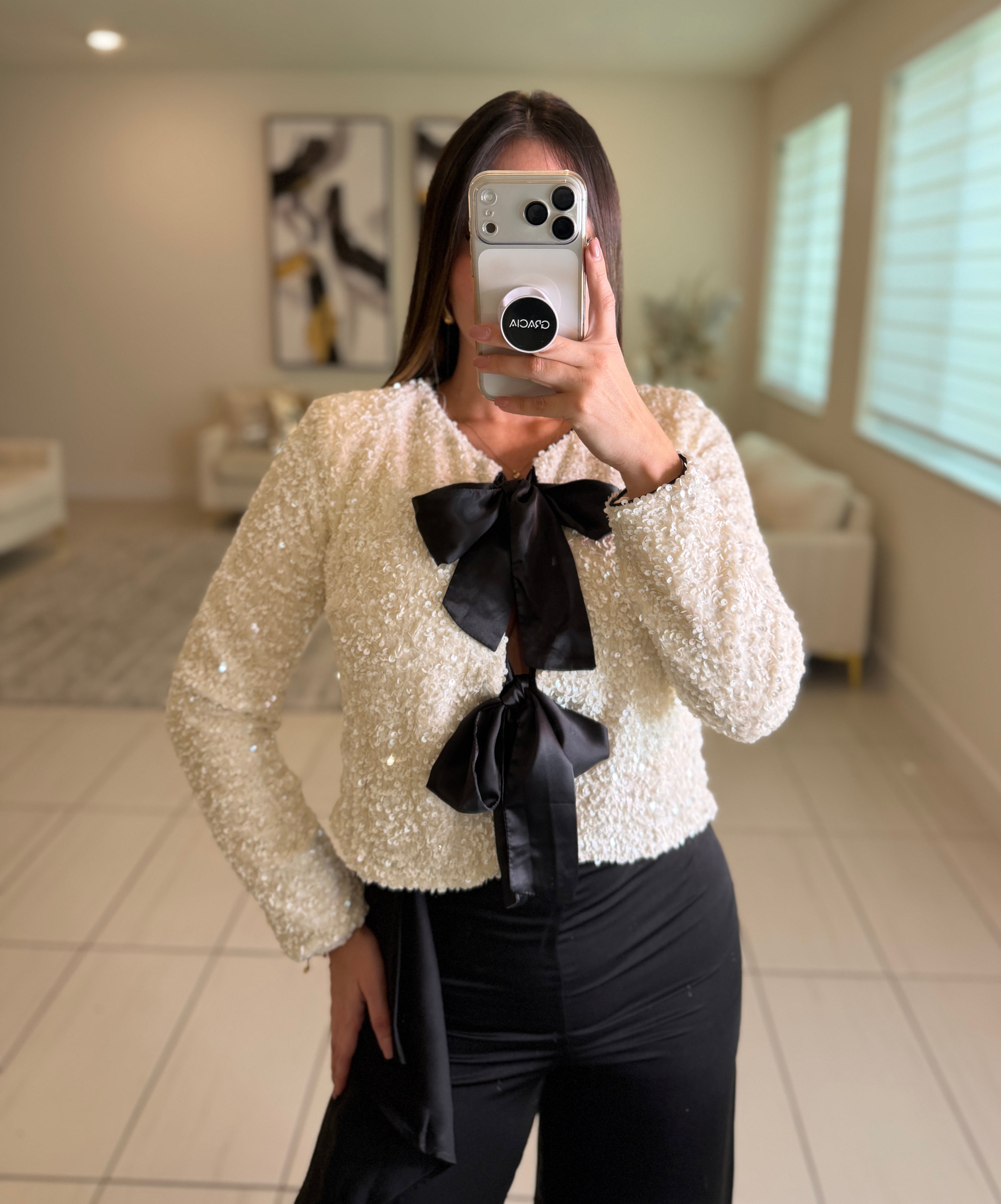 Lustre Bow Sequin White Top