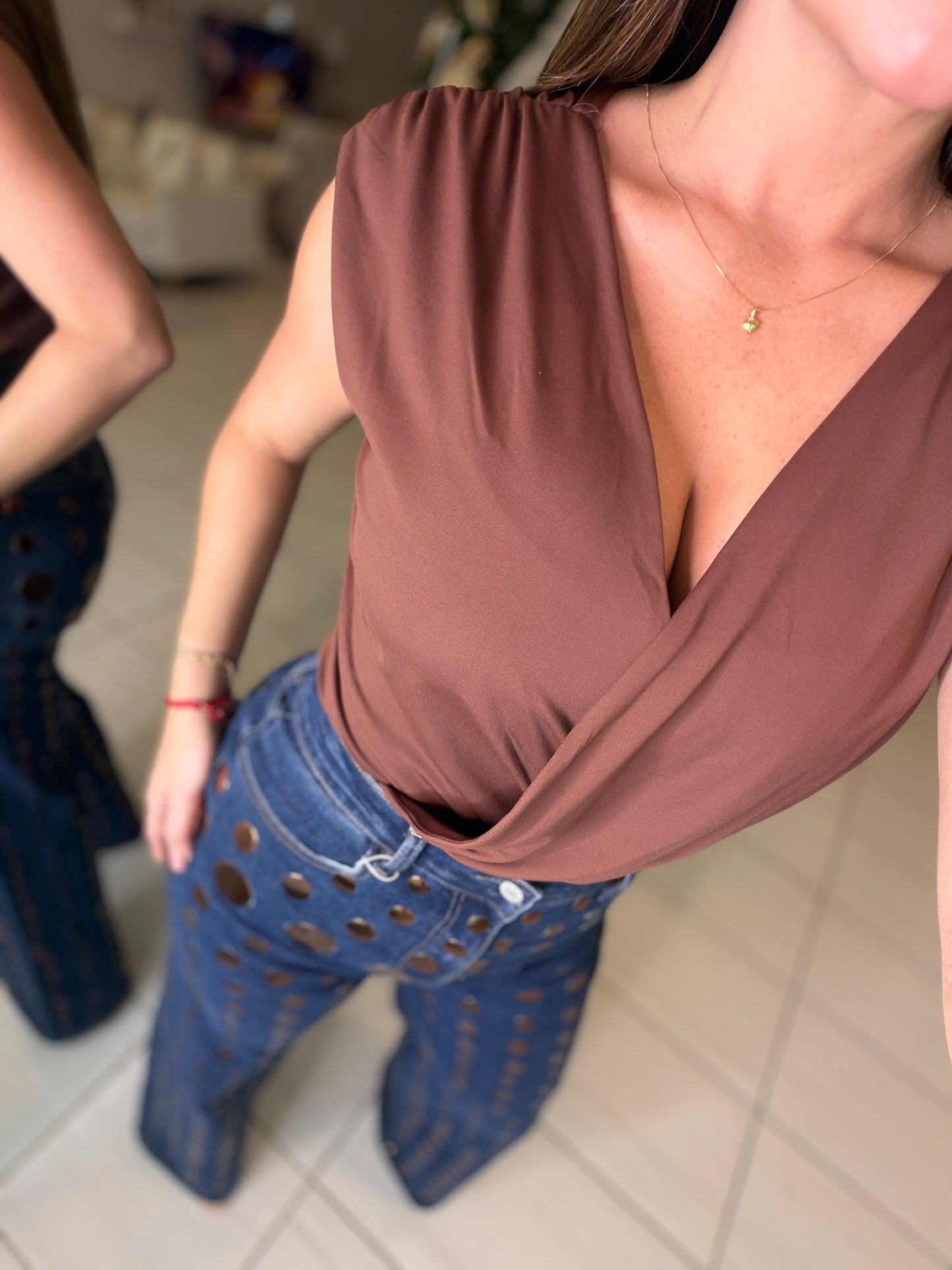 Bronze Shiny Polka Dots Denim Pants