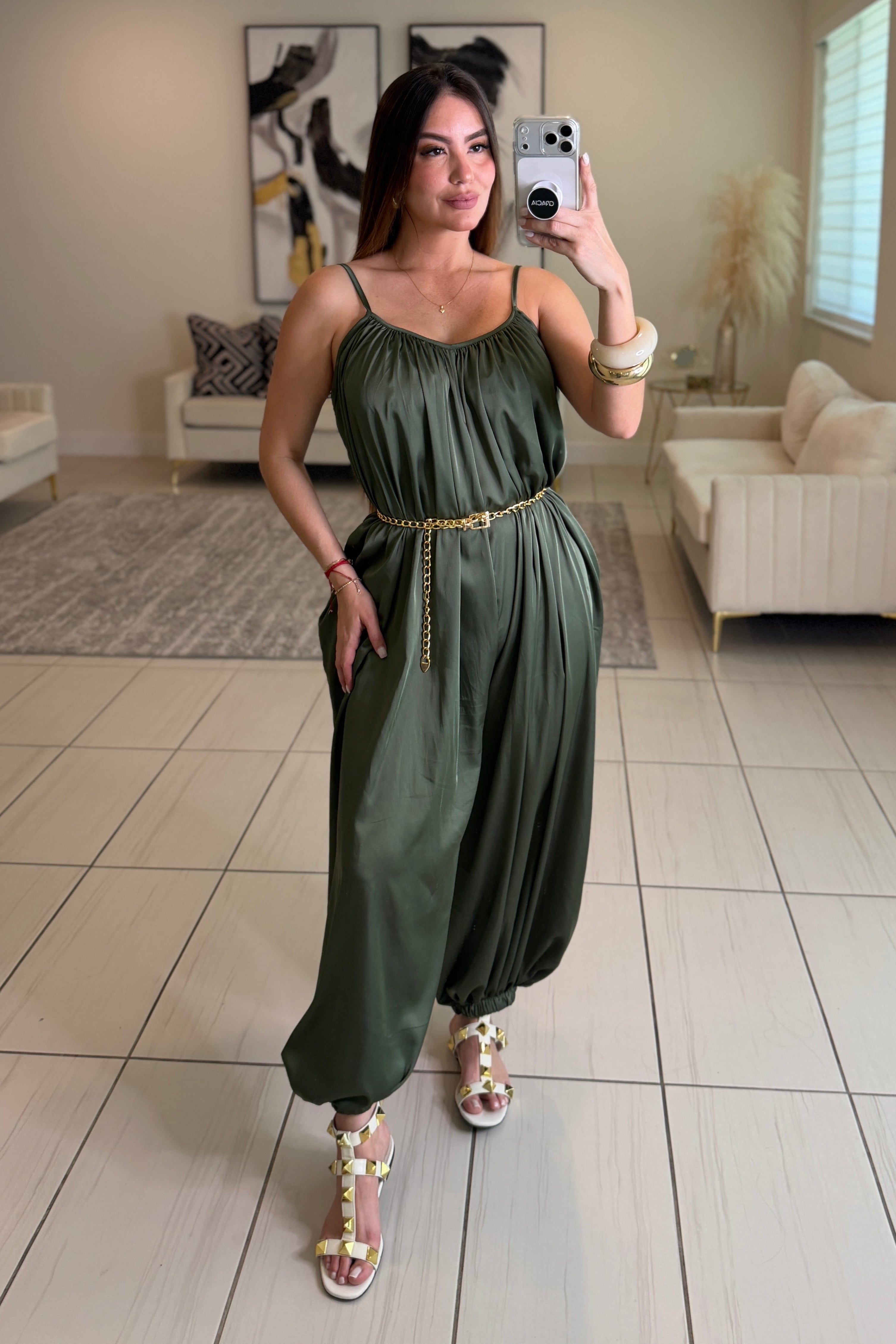 Effortless Essence Ruched Green Jumpsuit