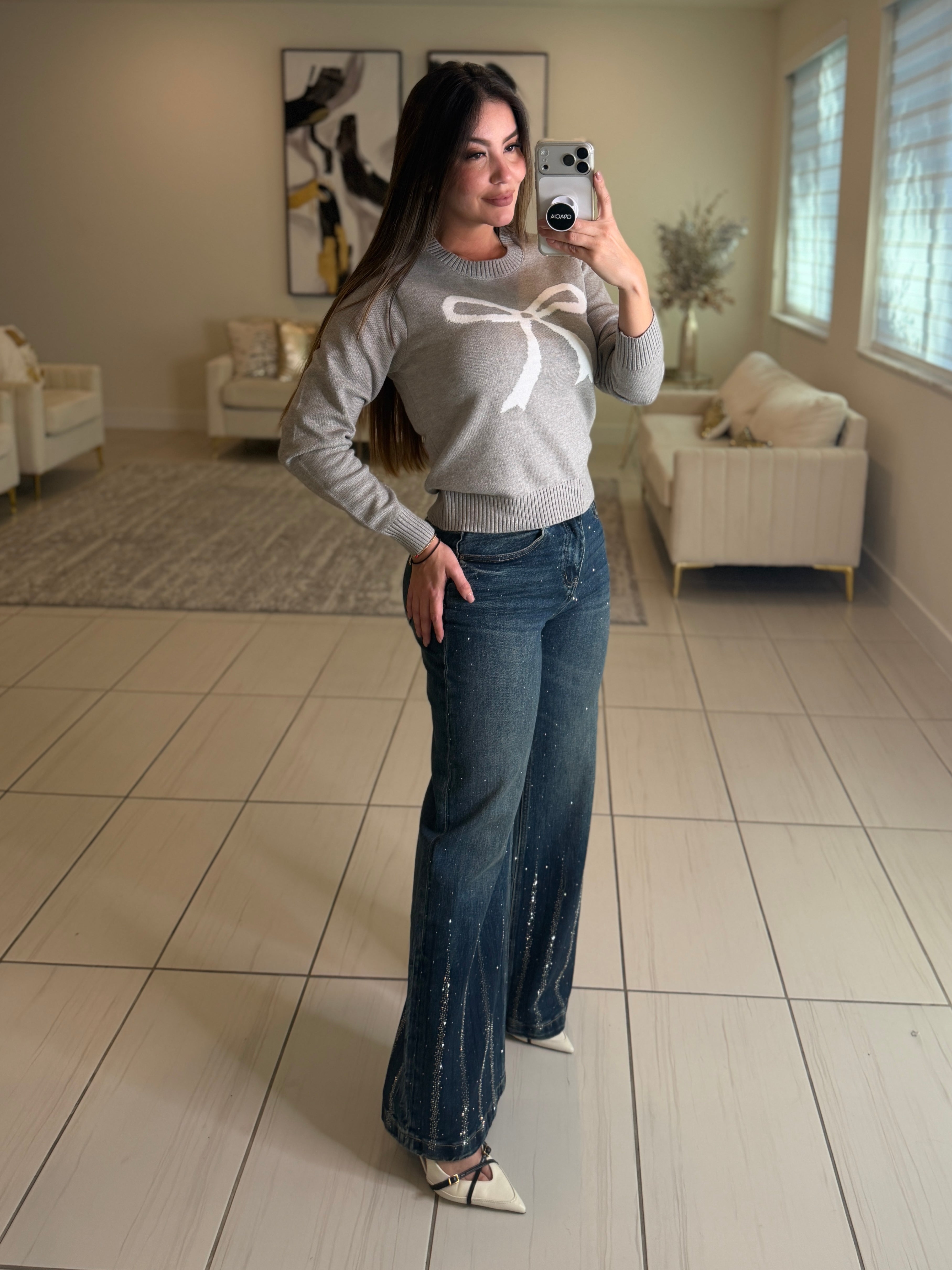 White Bow Grey Knit Sweater