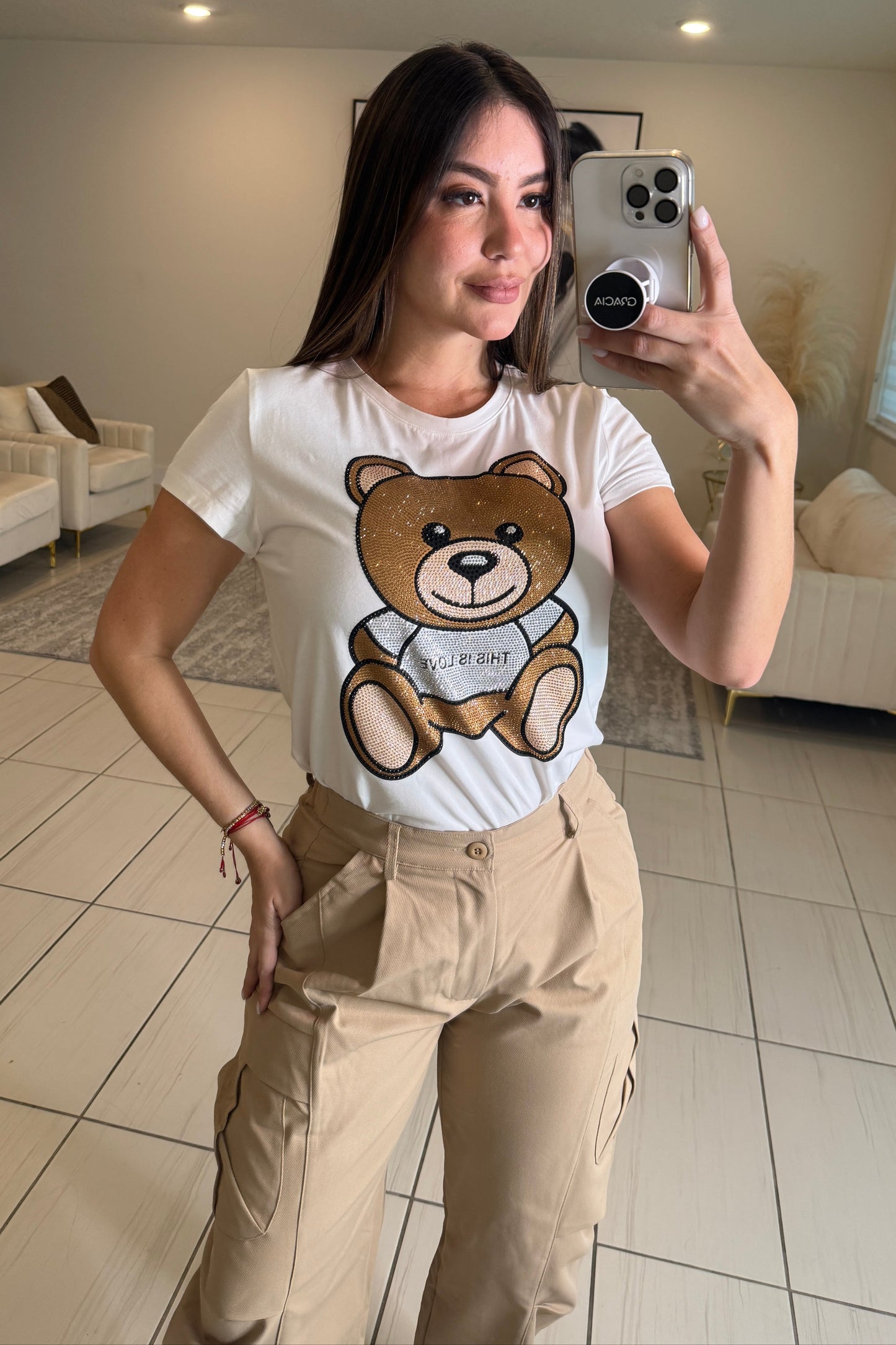 Cutest Rhinestones Bear White Top
