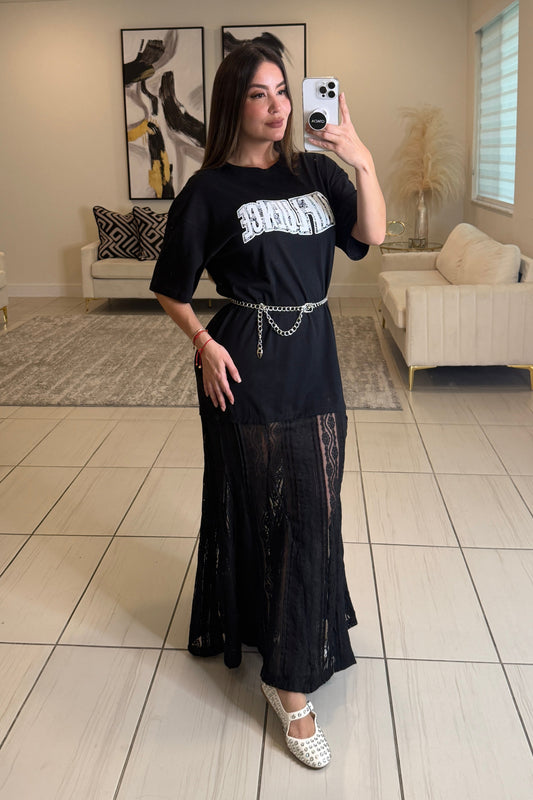 Influence Lace Contrast Black Maxi Dress