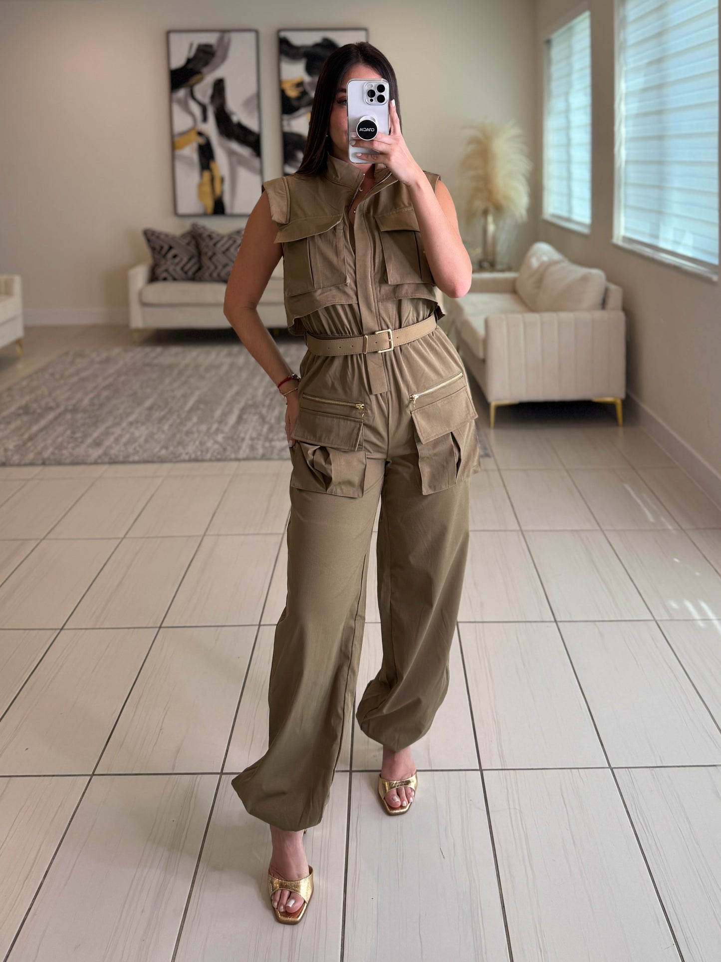 Forgive The Night Ruched Taupe Jumpsuit