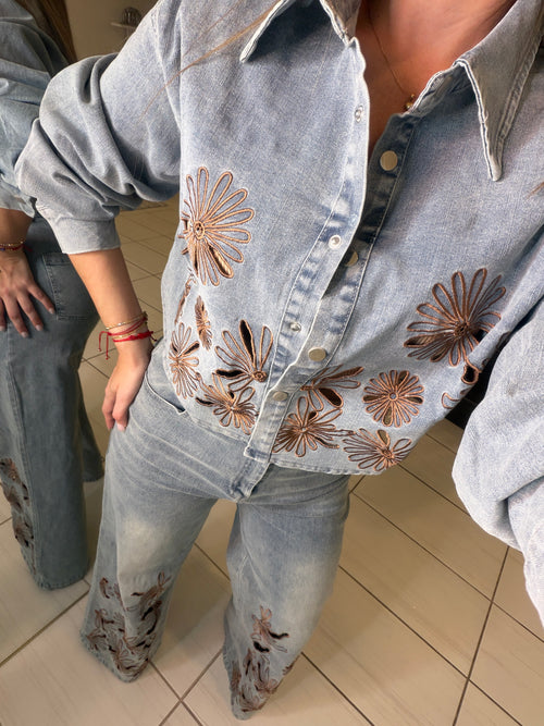 Brown Blossoms Denim Pant Set