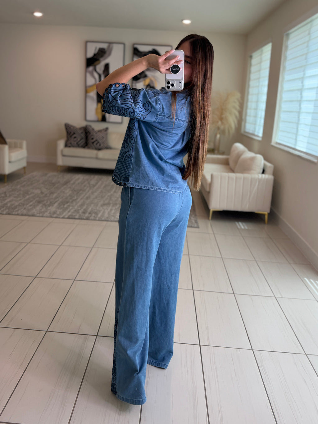 Paradise Embroidered Denim Pant Set