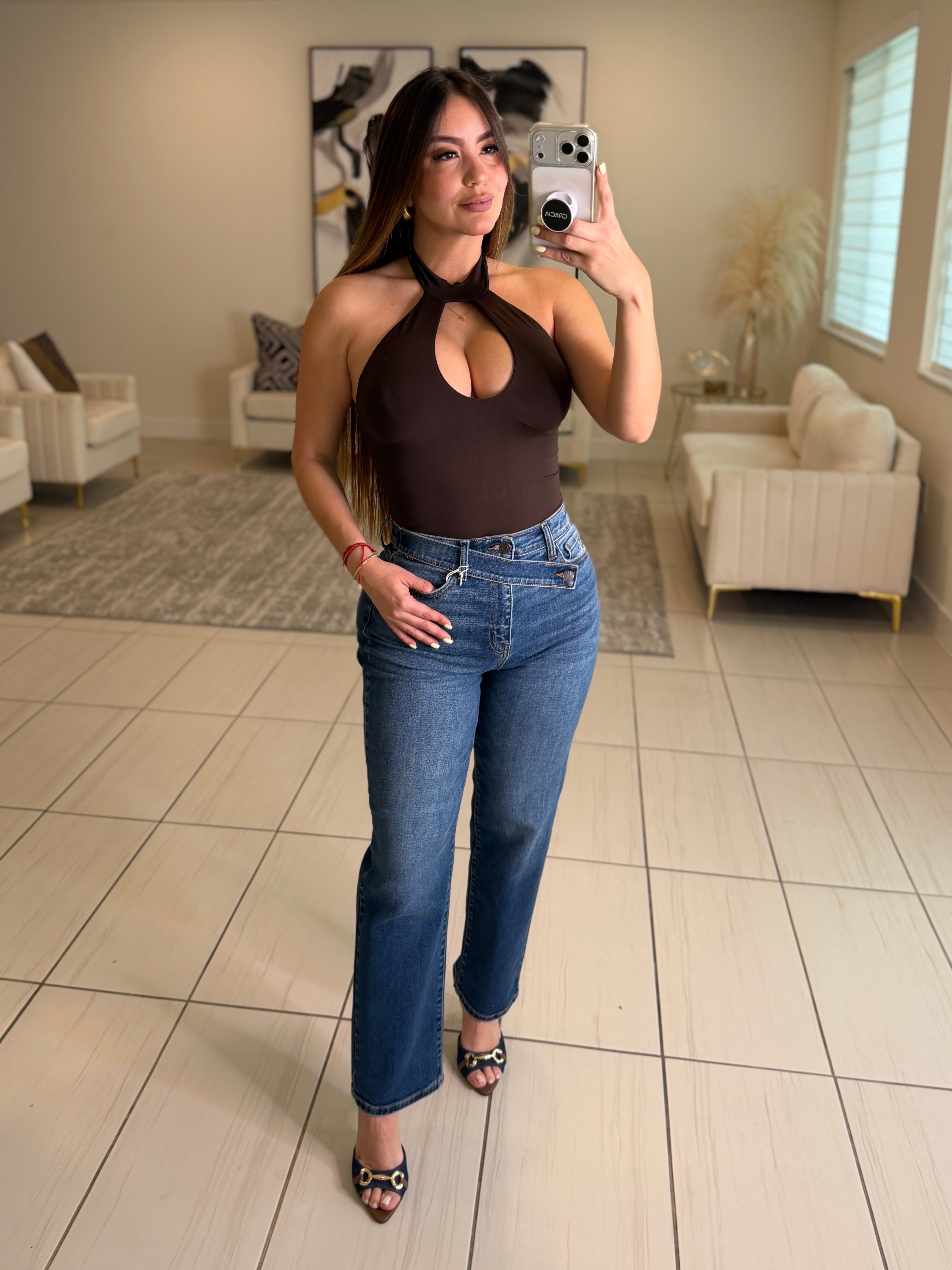Cross Belt Straight Denim Pants