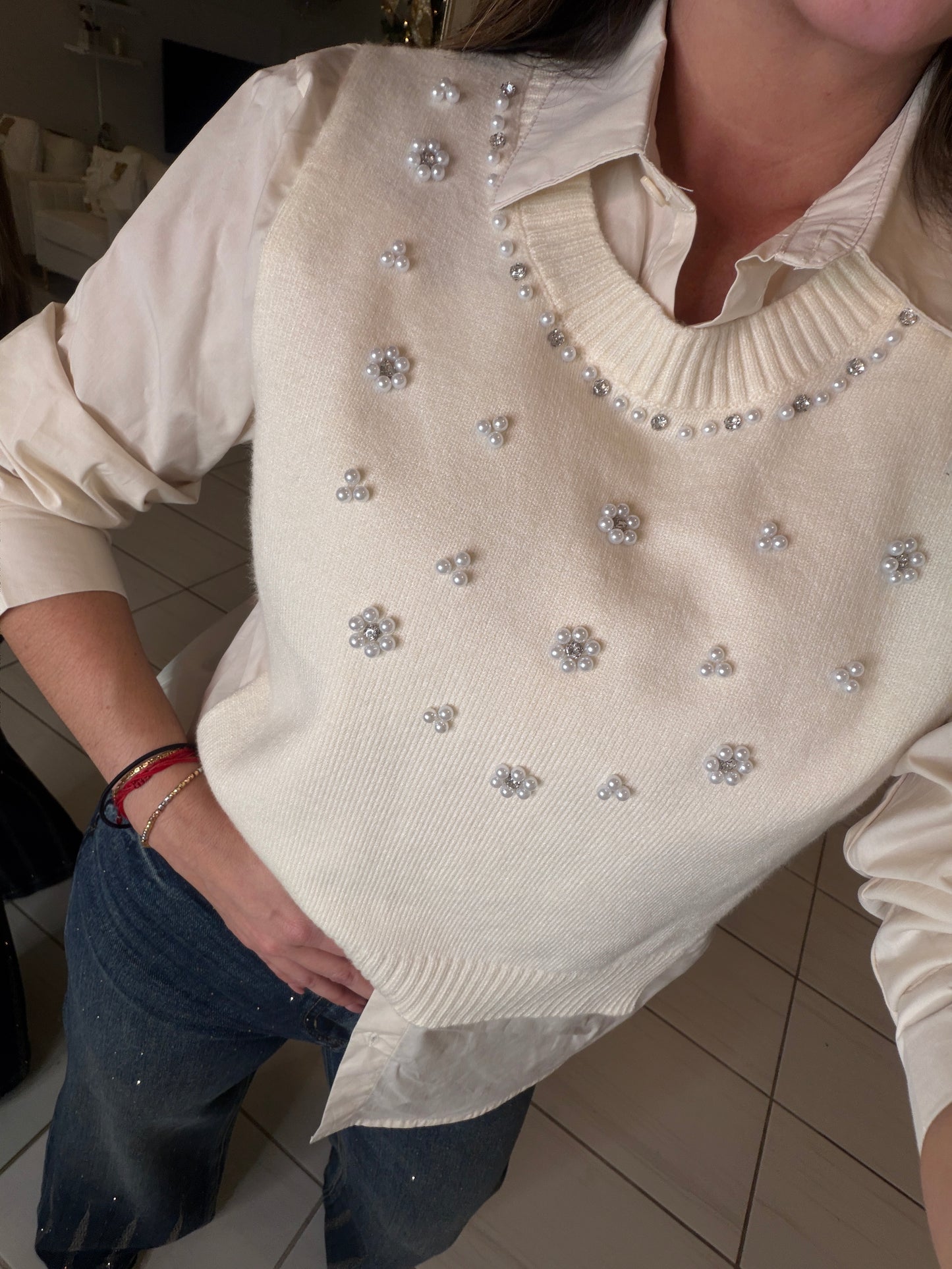 Parisian Pearls Beige Long-Sleeved Top