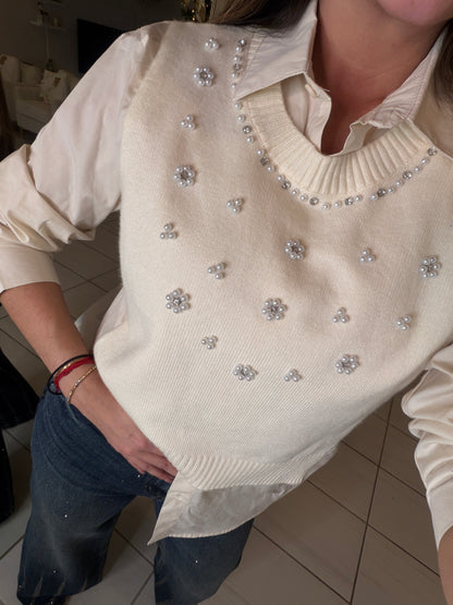 Parisian Pearls Beige Long-Sleeved Top