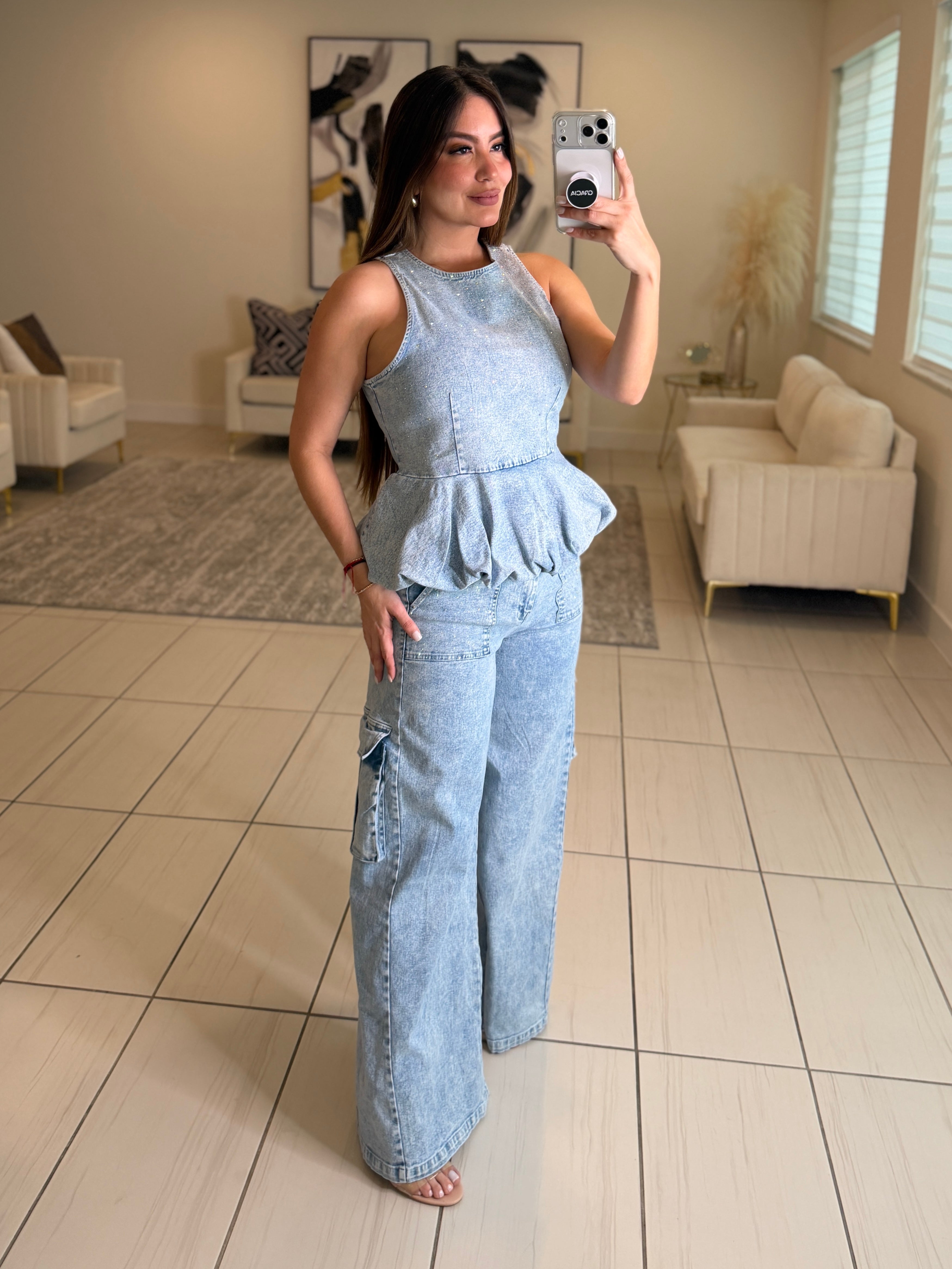 Rhinestones Muse Denim Pants Set