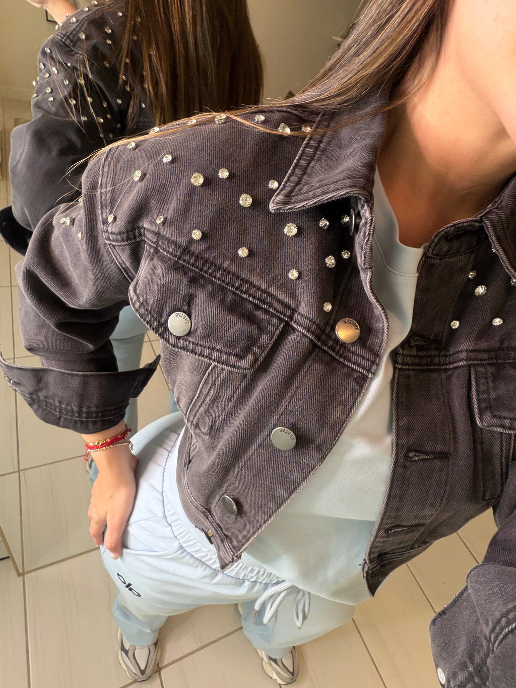 Rhinestones Veil Dark Grey Denim Jacket