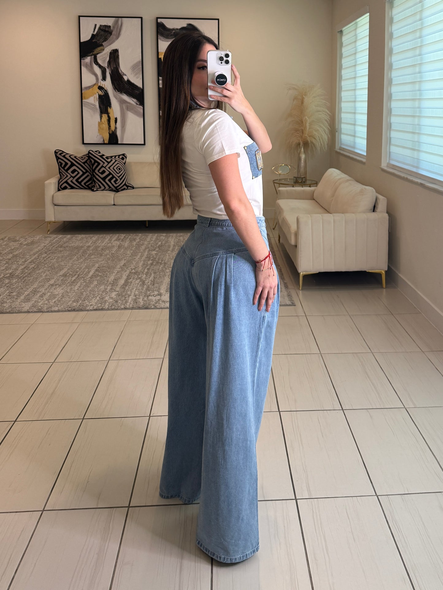 Pintuck Wide Leg Denim Pants