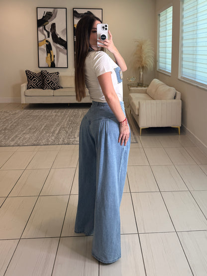 Pintuck Wide Leg Denim Pants