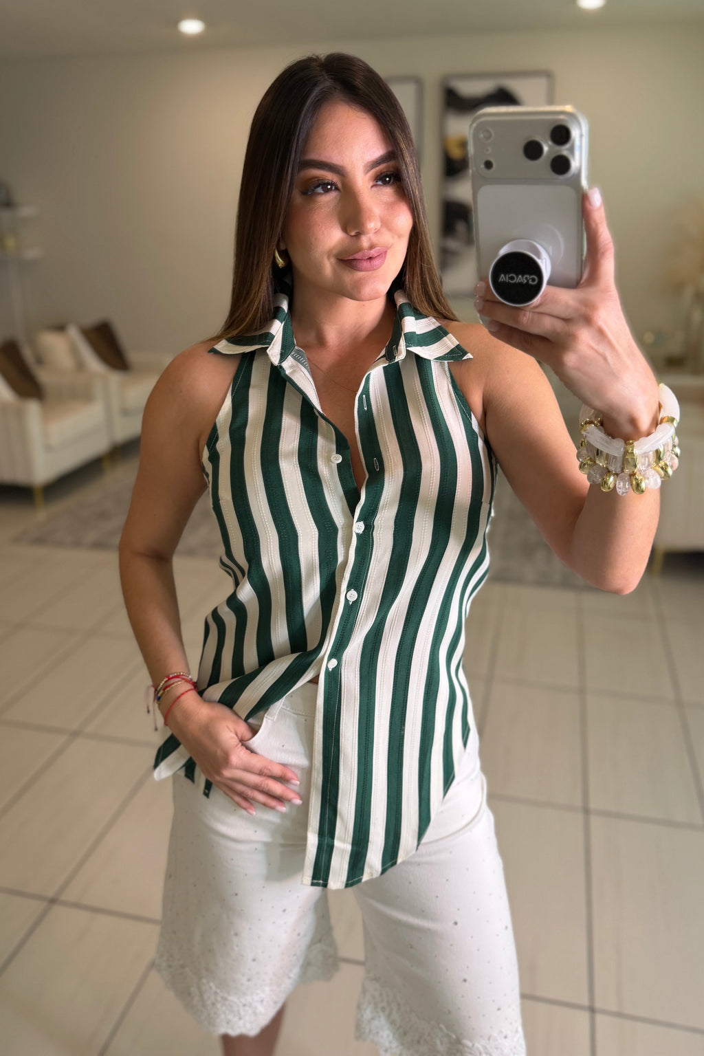 First Class Striped Green and White Top