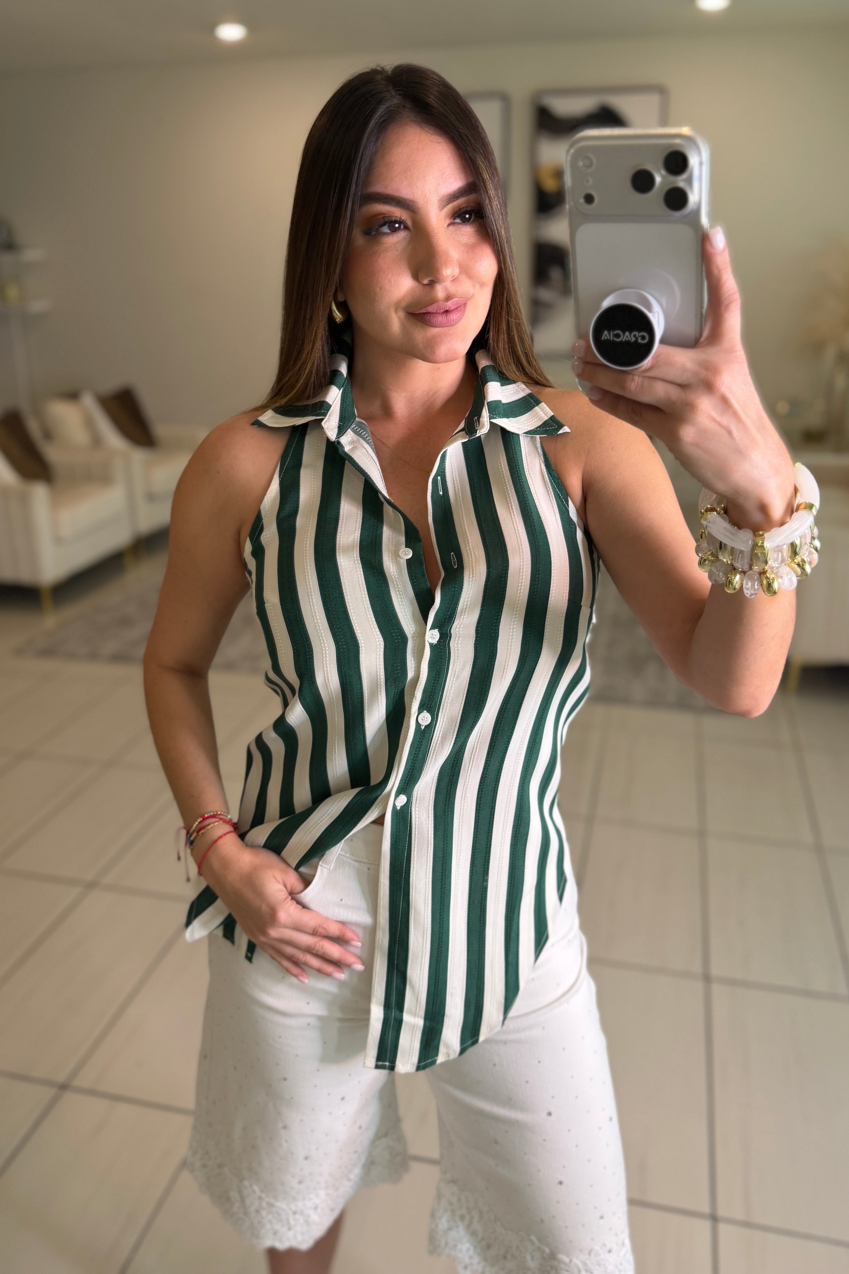 First Class Striped Green and White Top