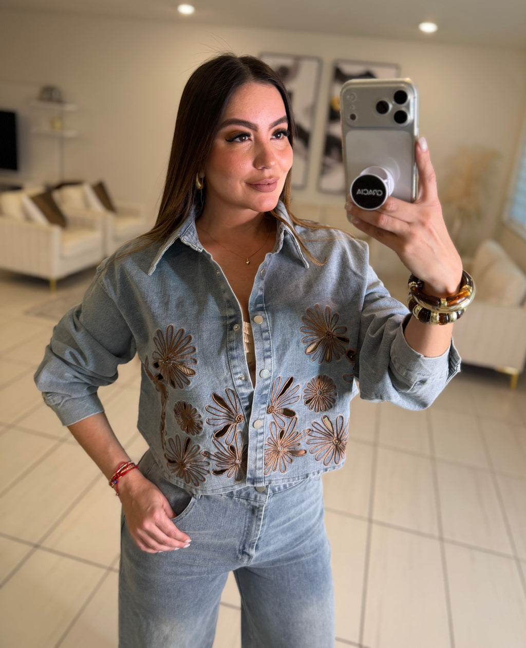 Brown Blossoms Denim Pant Set