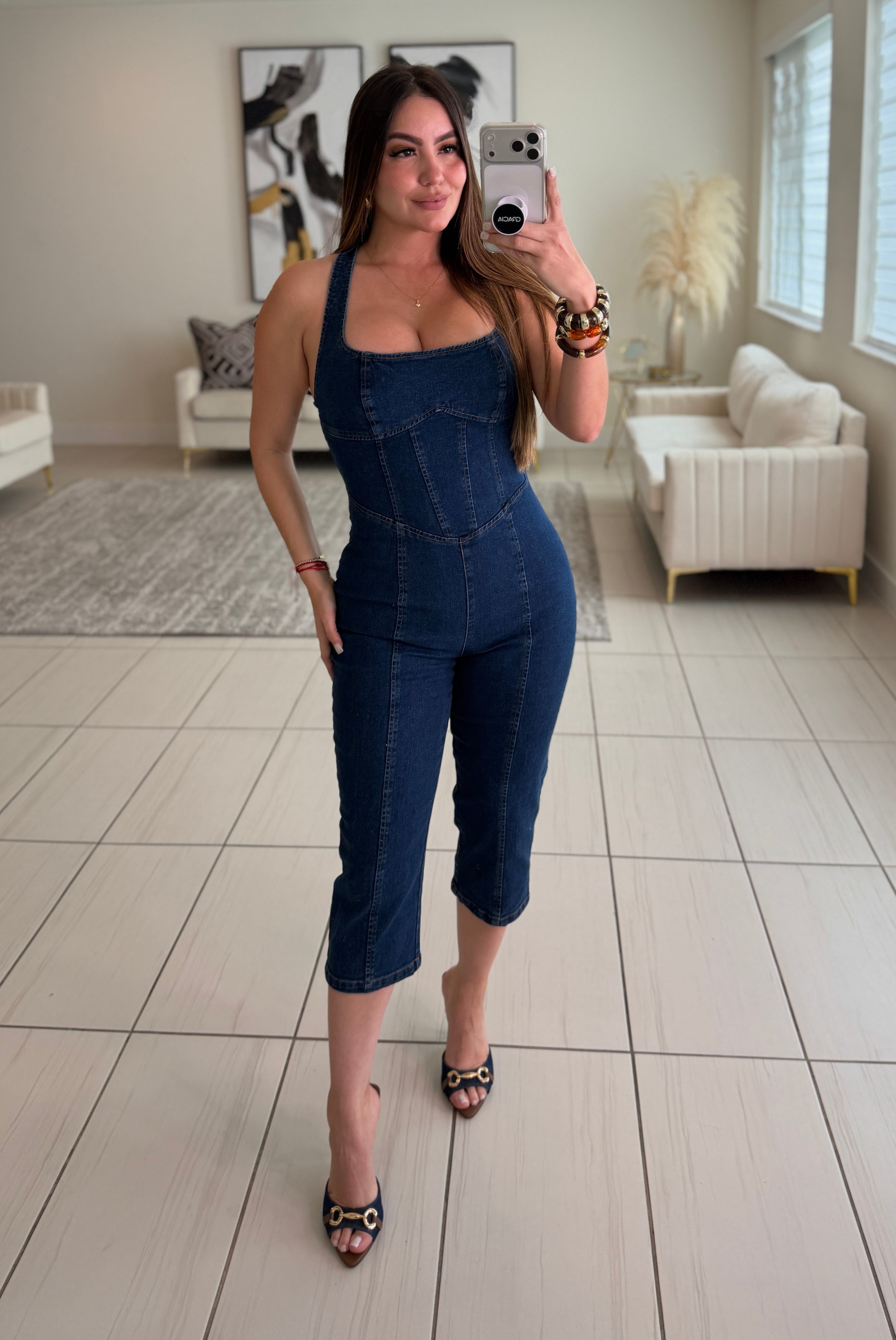 Power Sculpt Denim Capri Jumpsuit