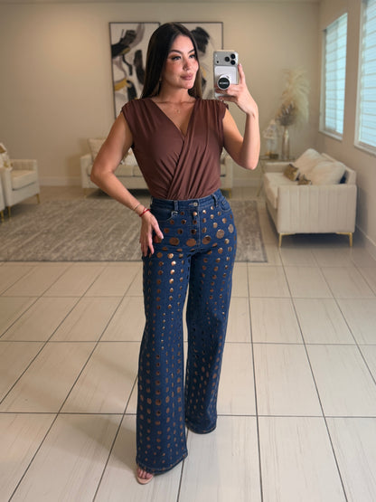 Bronze Shiny Polka Dots Denim Pants