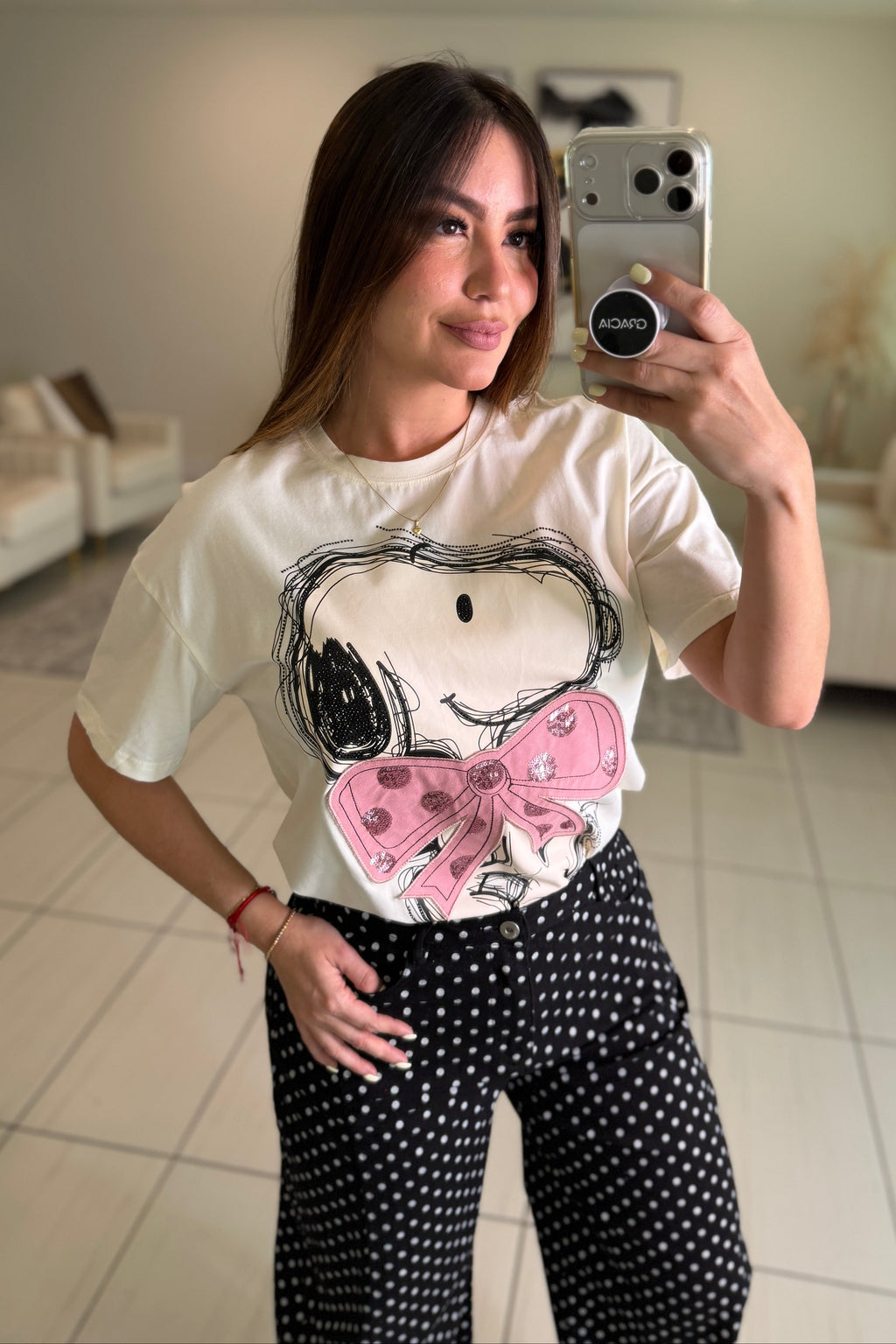 Pink Dots Bow Beige Tshirt