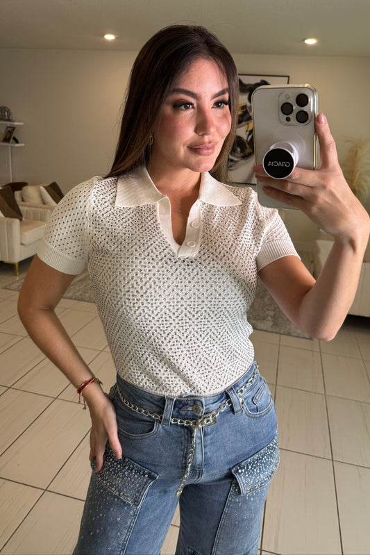 Shine Effect Knit White Top