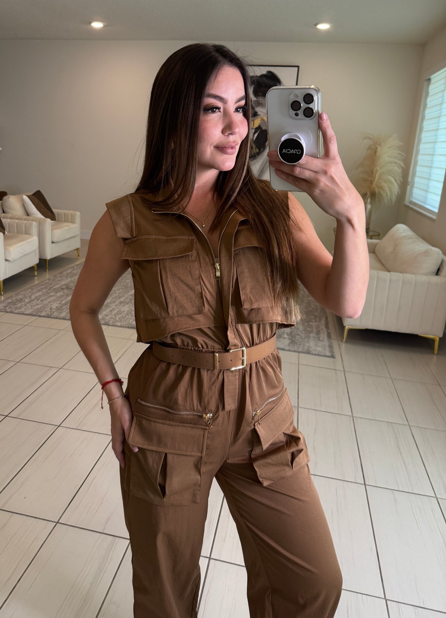 Forgive The Night Ruched Brown Jumpsuit