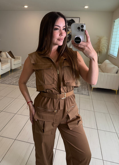 Forgive The Night Ruched Brown Jumpsuit