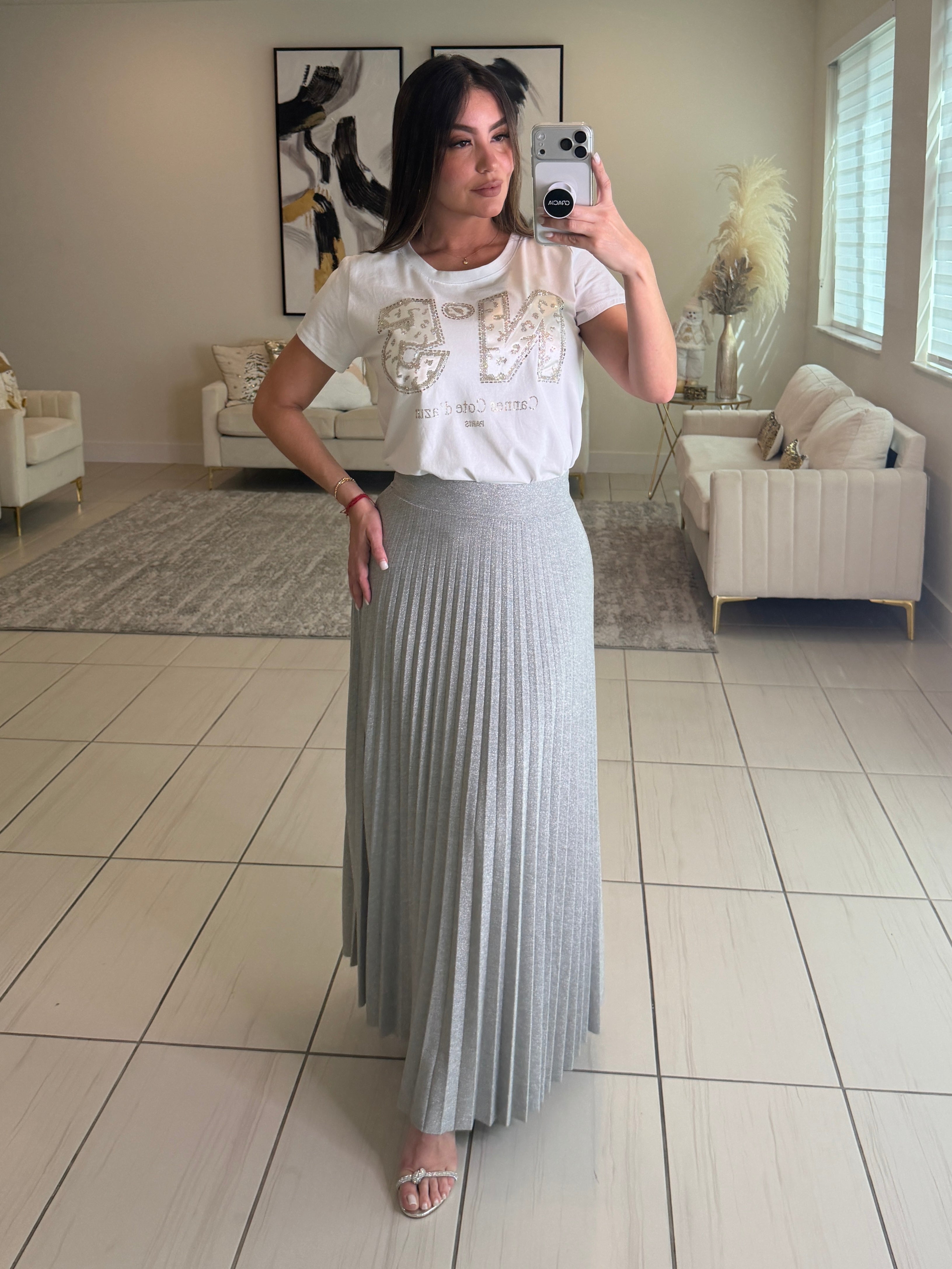Celestial Pleated Silver Maxi Skirt