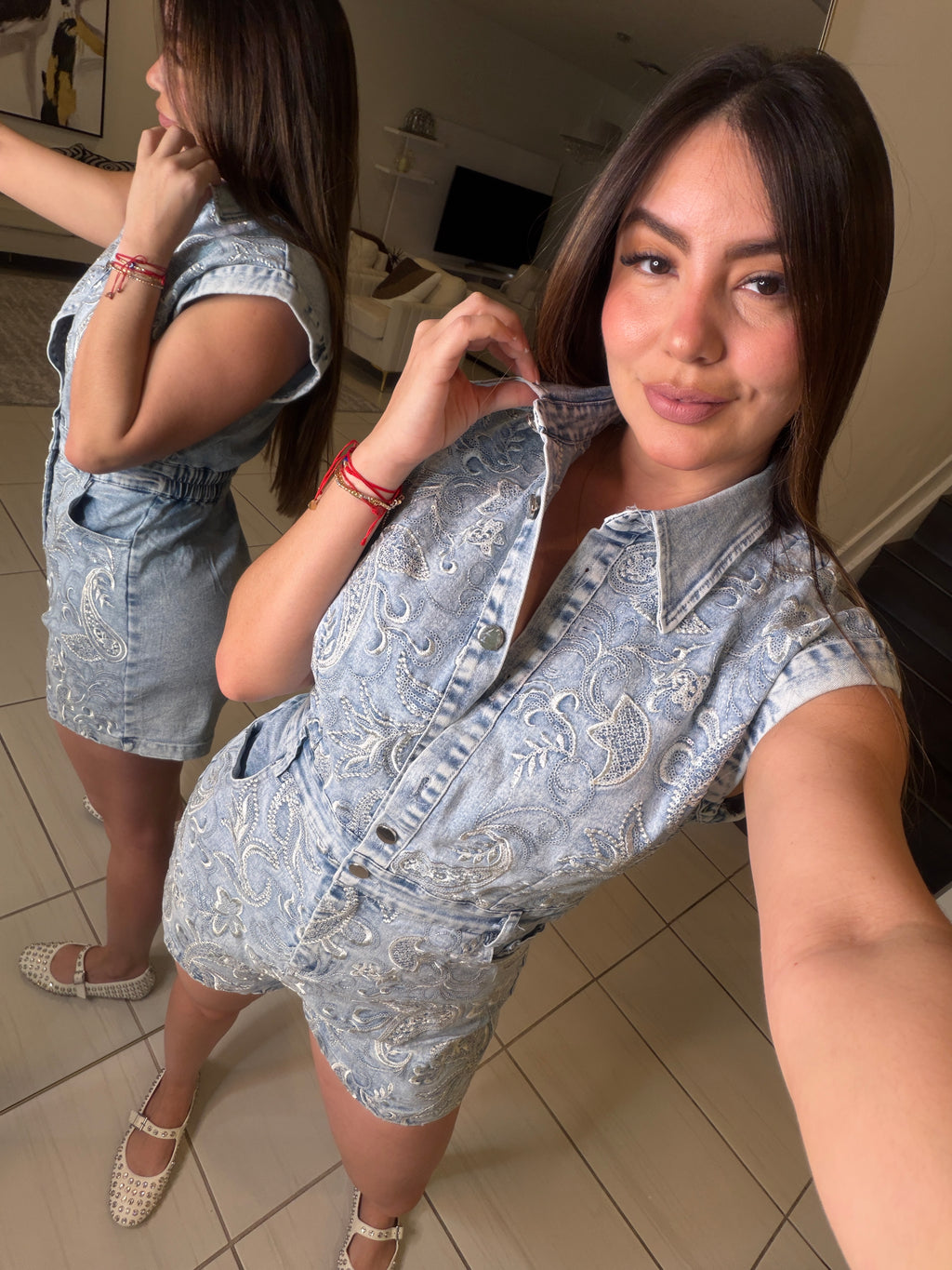 Sequin Embroidery Denim Romper