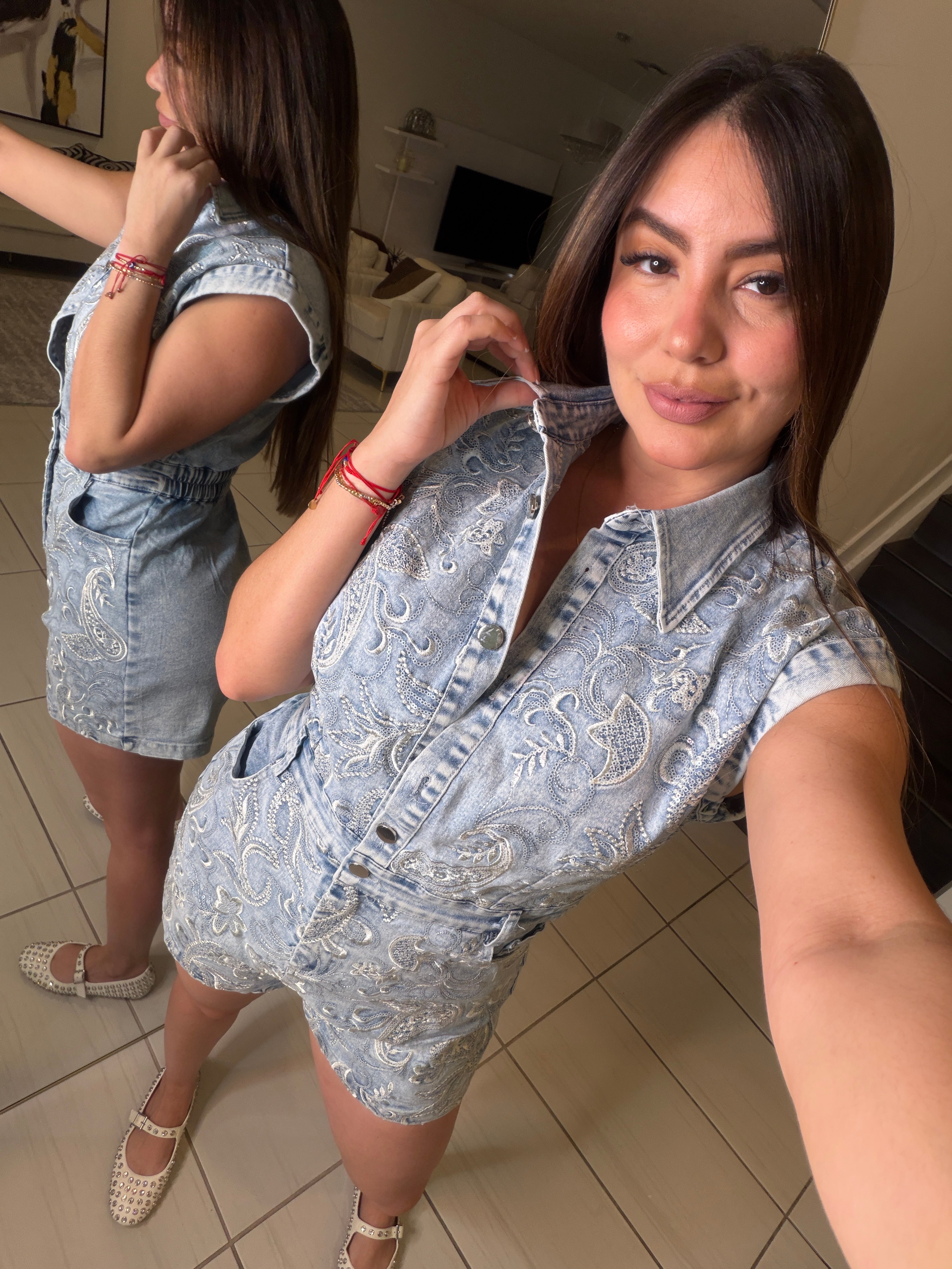 Sequin Embroidery Denim Romper