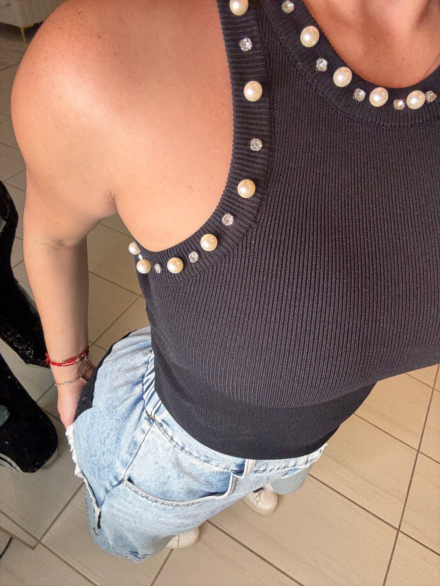 Prestige Pearls Black Tank Top