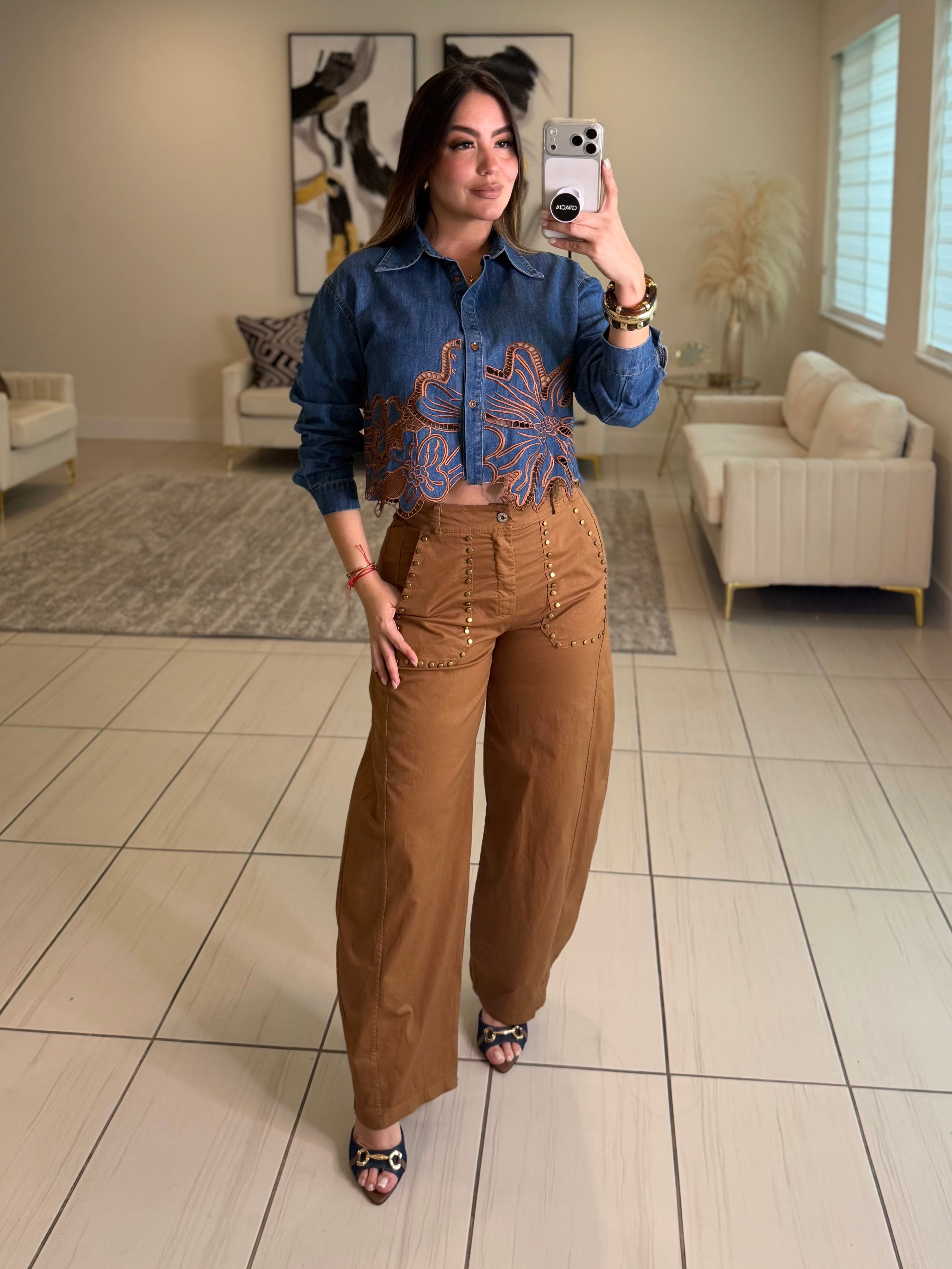 Brown Blossoms Denim Top