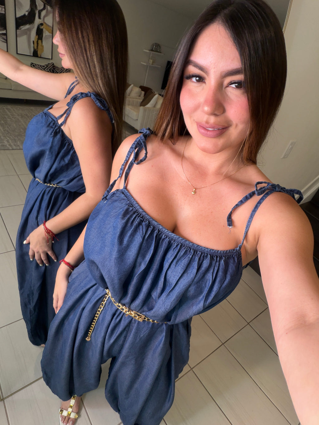 Effortless Essence Ruched Dark Denim Jumpsuit