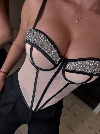 Luxe Rhinestone Beige and Black Corset Top