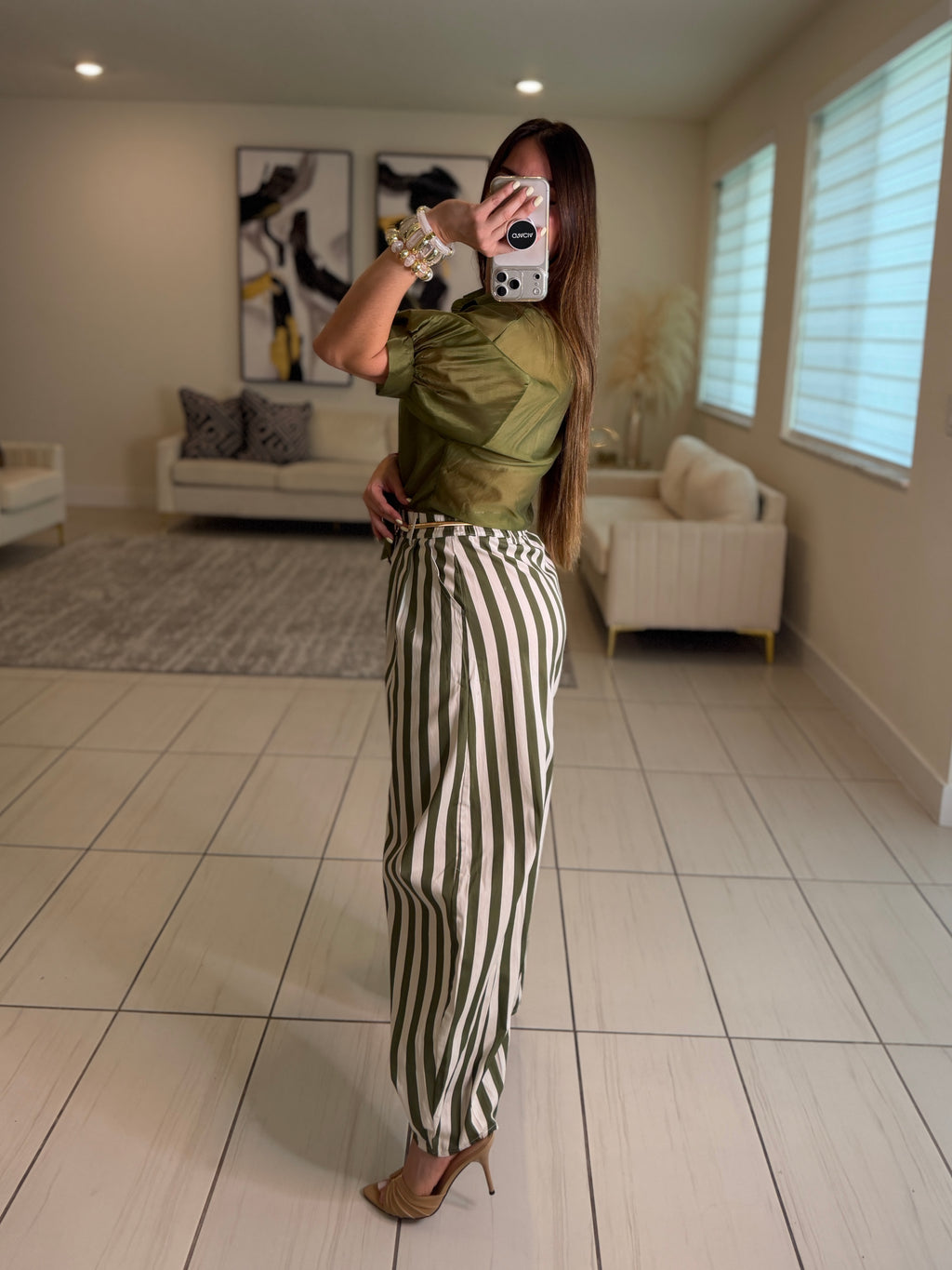 Italian Stripes Green Barrel Pants