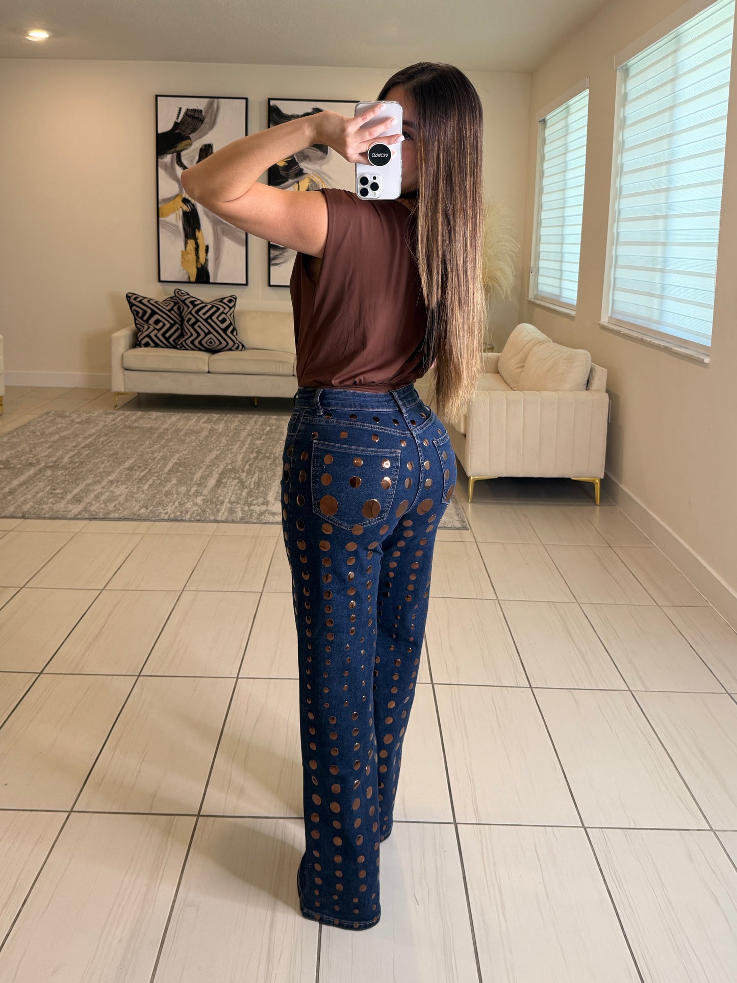 Bronze Shiny Polka Dots Denim Pants