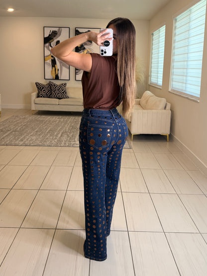 Bronze Shiny Polka Dots Denim Pants