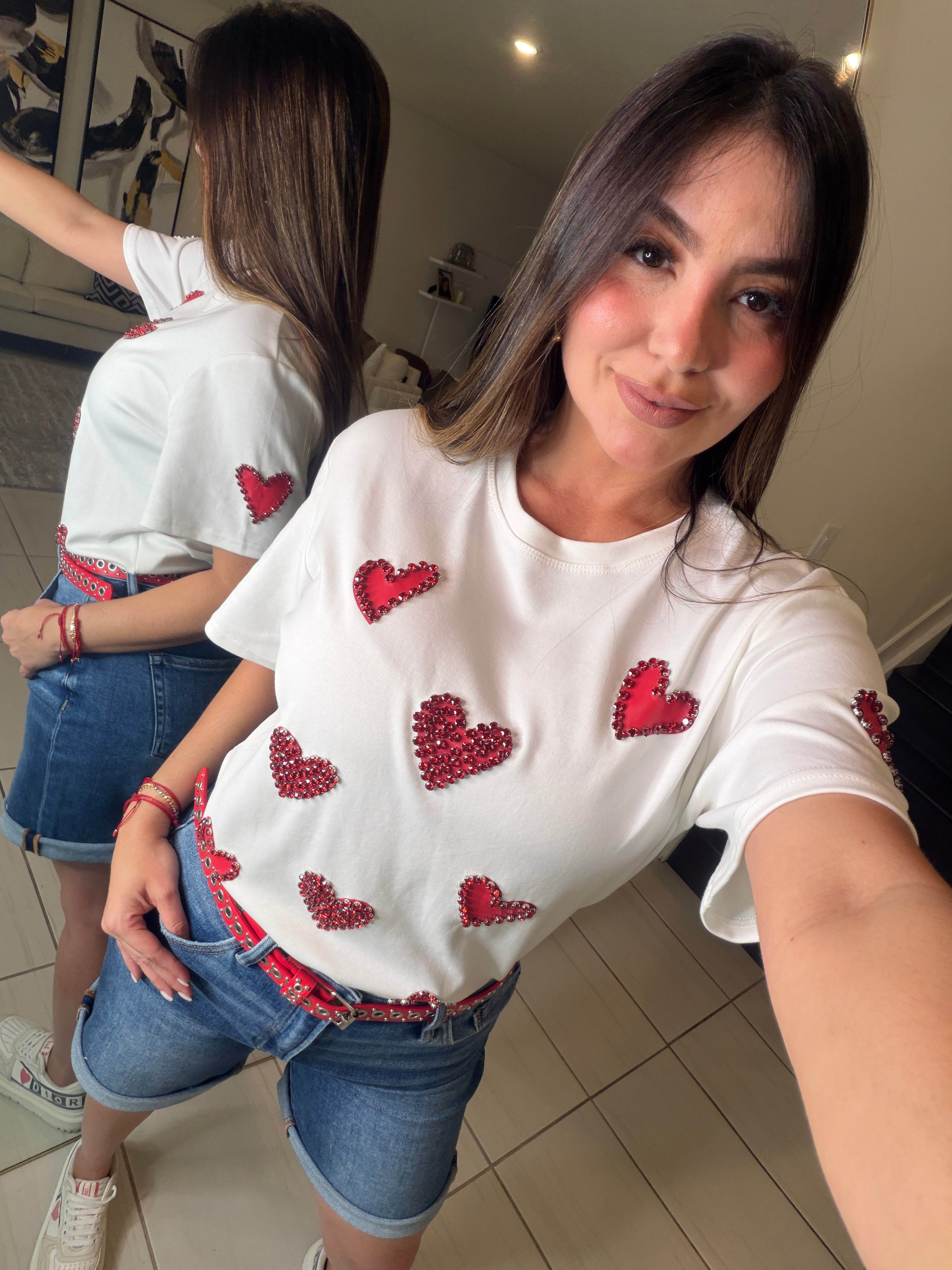 Rhinestones Hearts White Tshirt