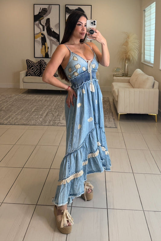 Bloom Light Denim Maxi Dress
