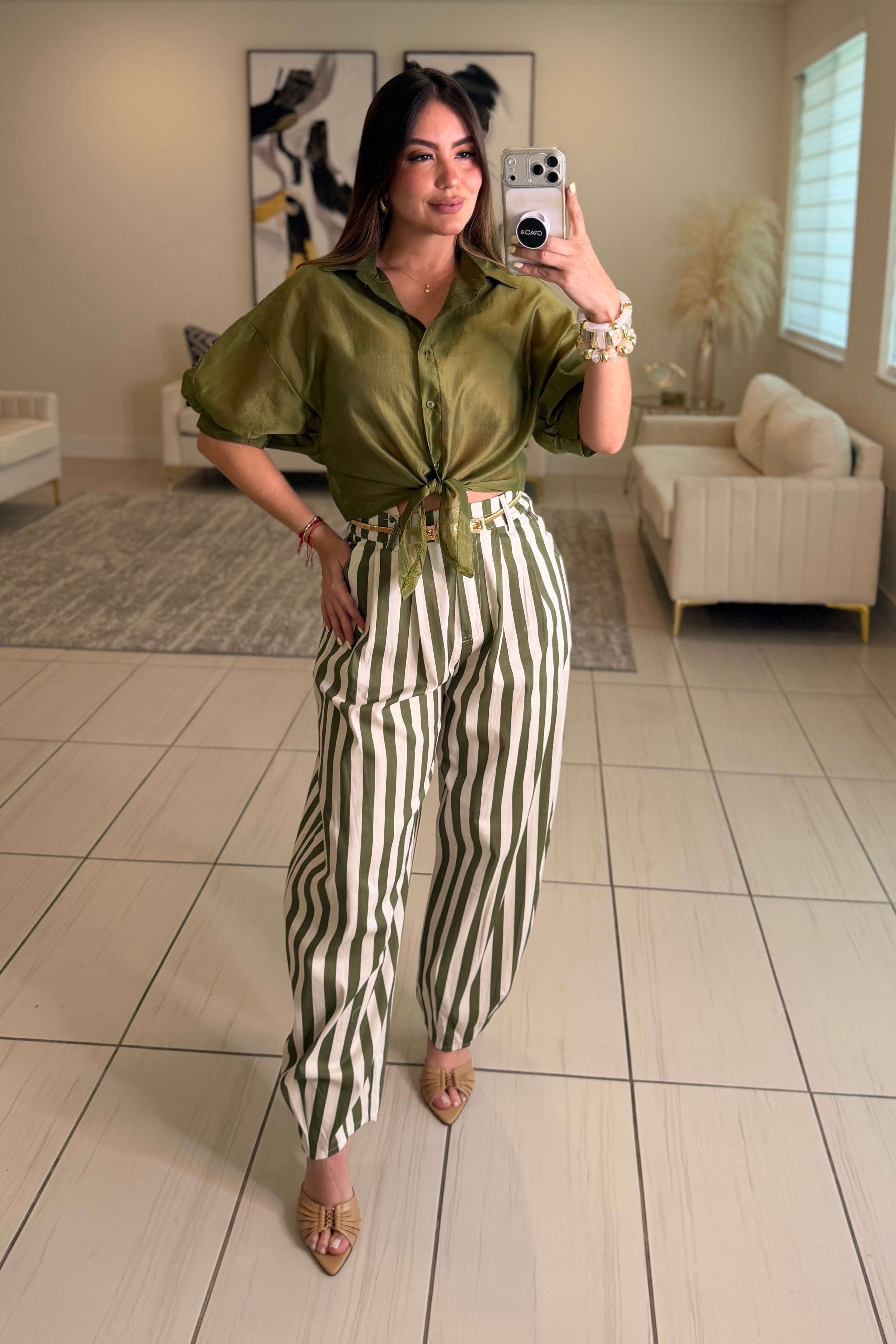 Italian Stripes Green Barrel Pants